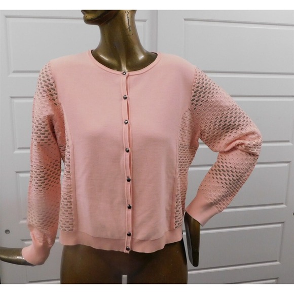 New St John Pink‎ Crochet Knit Button Down Cardigan Sweater sz XL - Picture 1 of 5